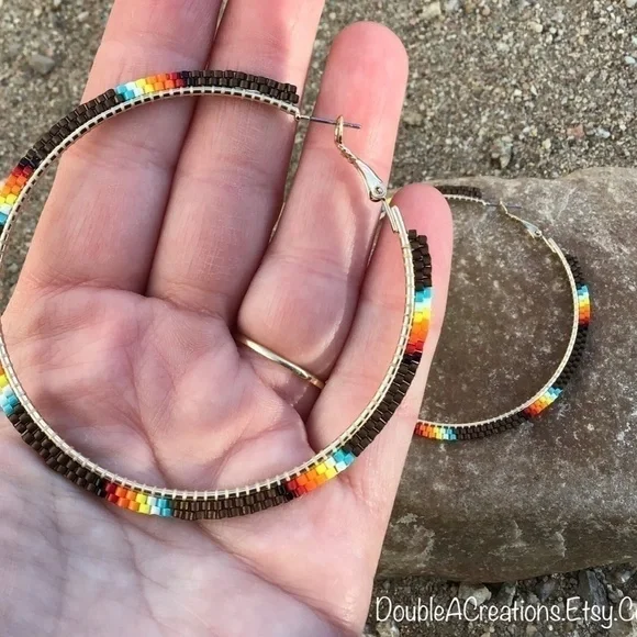 Chocolate Brown Beaded Hoops, New, Handmade by Me - Picture 4 of 6